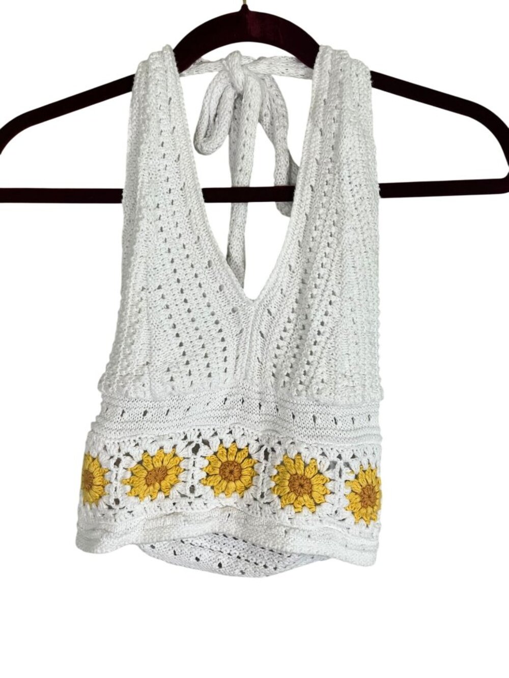 Hollister Sunflower Crochet‎ Crop Halter Top S Boho Indie Festival Folk Summer